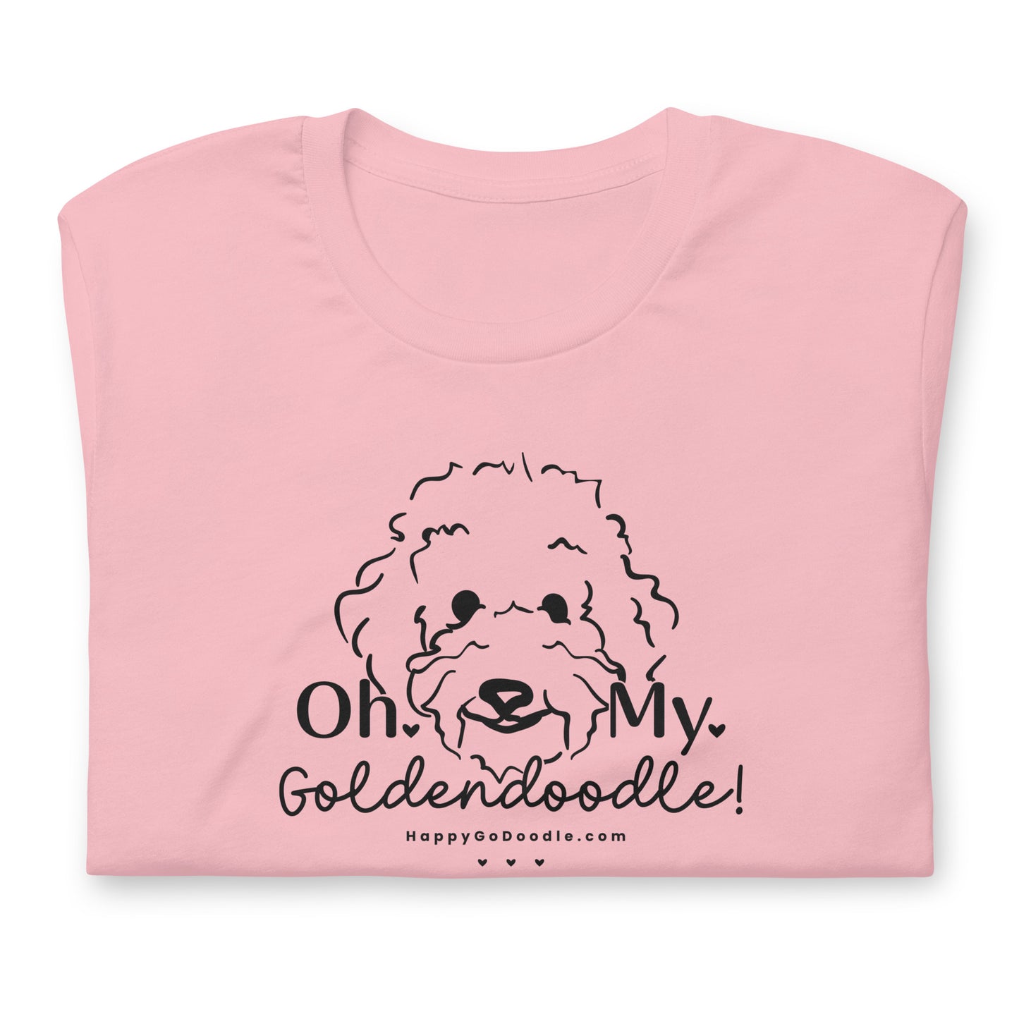 Goldendoodle t-shirt with Goldendoodle face and words "Oh My Goldendoodle" in pink color