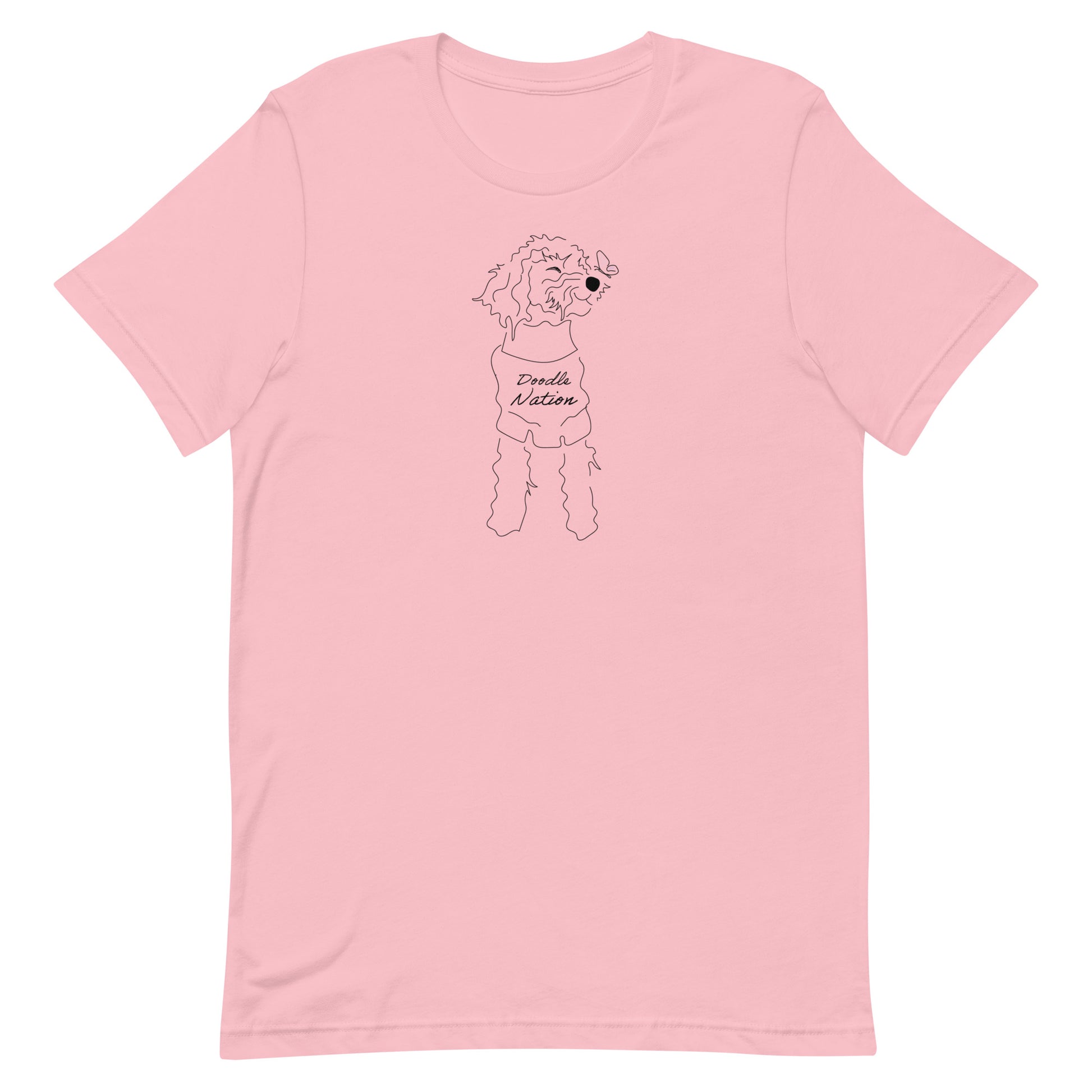 Goldendoodle t-shirt with Goldendoodle dog face and words "Doodle Nation" in  pink color