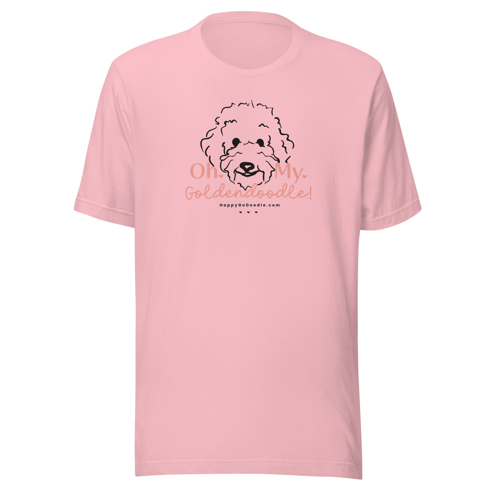 Goldendoodle t-shirt with Goldendoodle dog face and words "Oh My Goldendoodle" in pink color