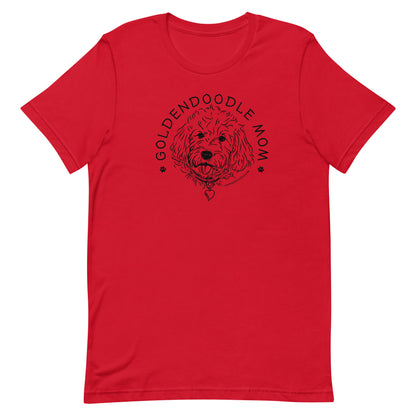 Goldendoodle Mom t-shirt with Goldendoodle face and words "Goldendoodle Mom" in red color
