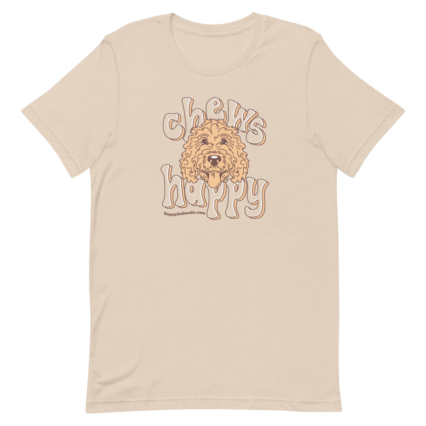 Goldendoodle crew neck sweatshirt with Goldendoodle face and words "Chews Happy" in soft cream color