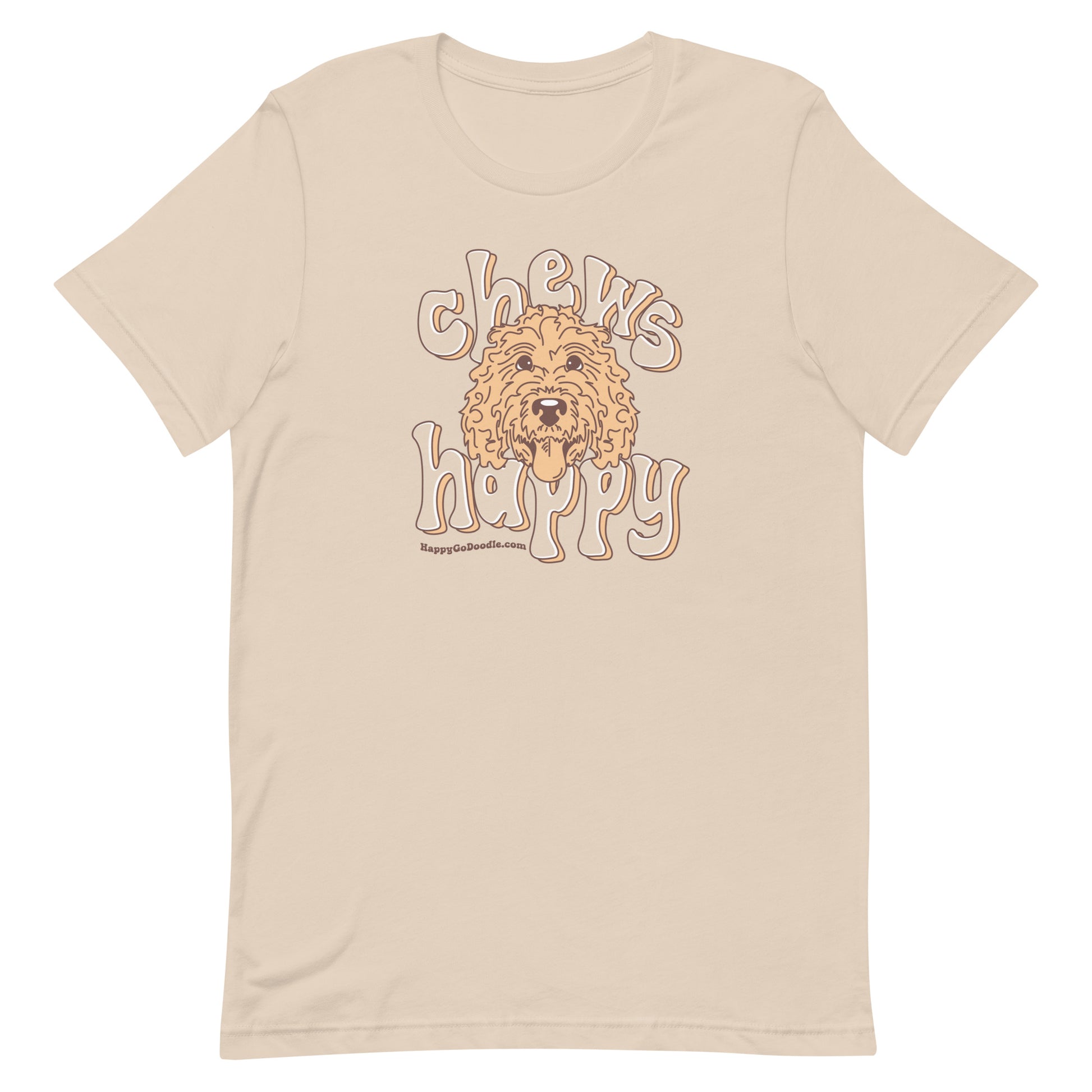 Goldendoodle crew neck sweatshirt with Goldendoodle face and words "Chews Happy" in soft cream color