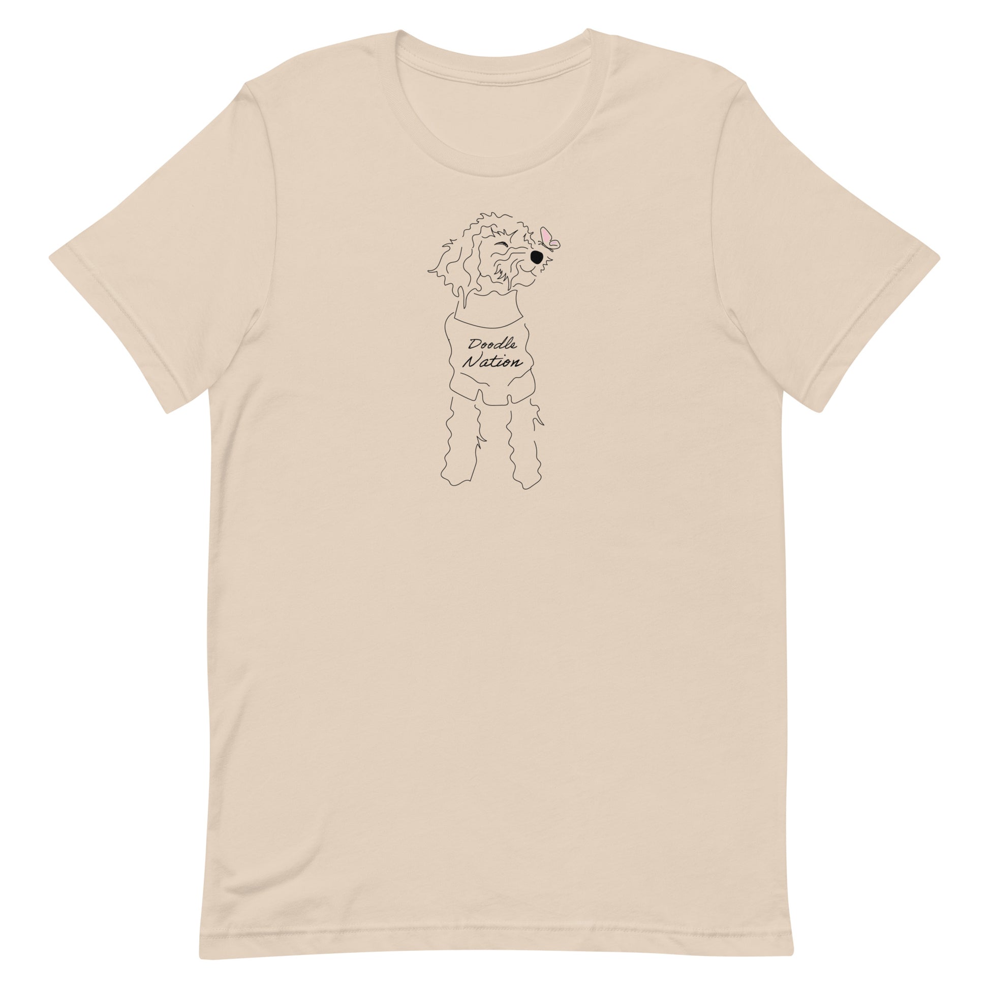 Goldendoodle t-shirt with Goldendoodle dog face and words "Doodle Nation" in cream color