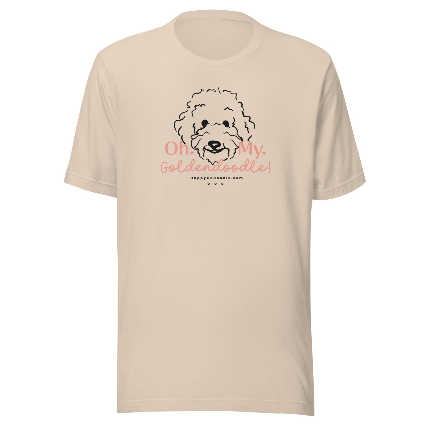 Goldendoodle t-shirt with Goldendoodle dog face and words "Oh My Goldendoodle" in cream color