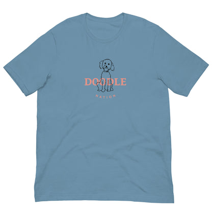 Goldendoodle t-shirt with Goldendoodle and words "Doodle Nation" in steel blue color