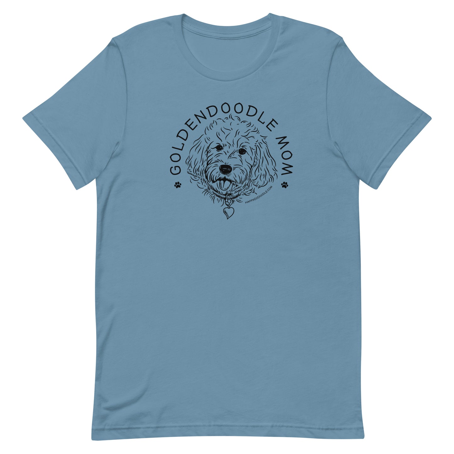 Goldendoodle Mom t-shirt with Goldendoodle face and words "Goldendoodle Mom" in steel blue olor