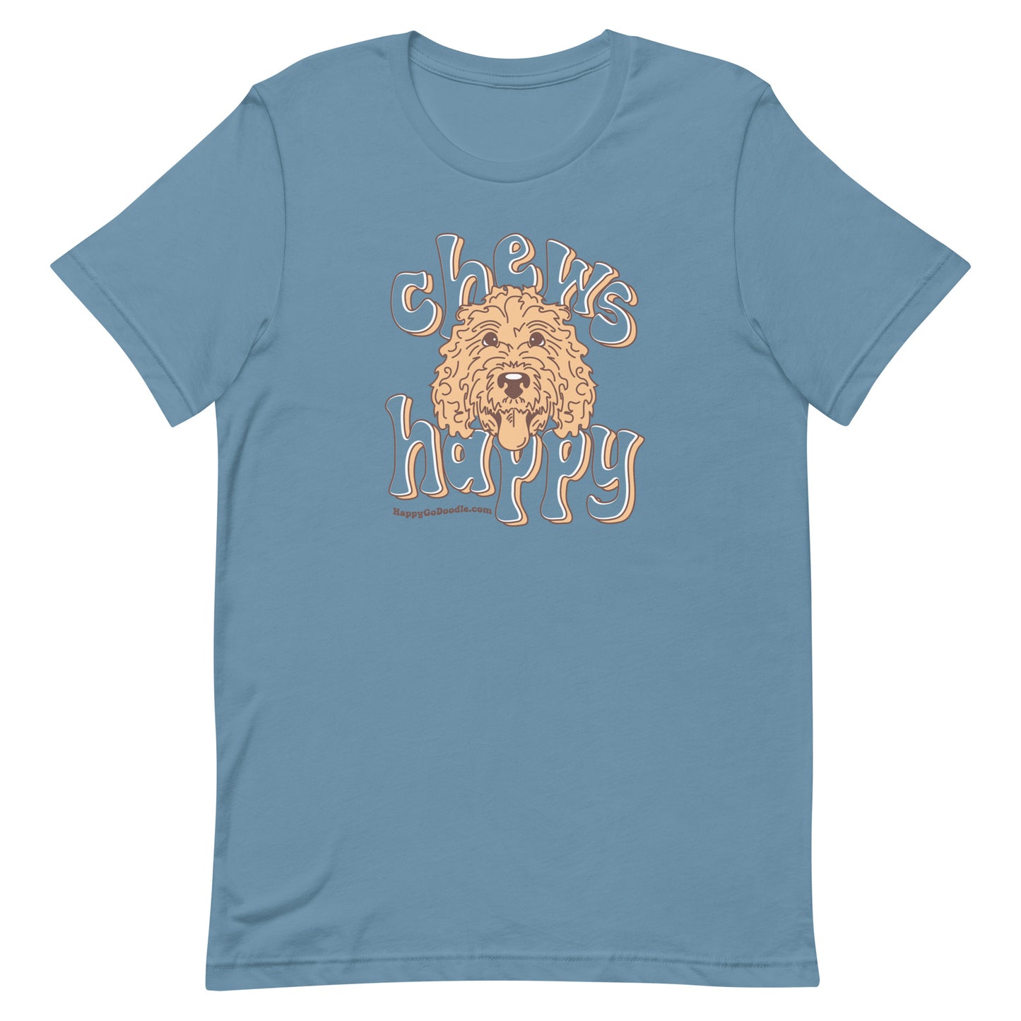 Goldendoodle crew neck sweatshirt with Goldendoodle face and words "Chews Happy" in steel blue color