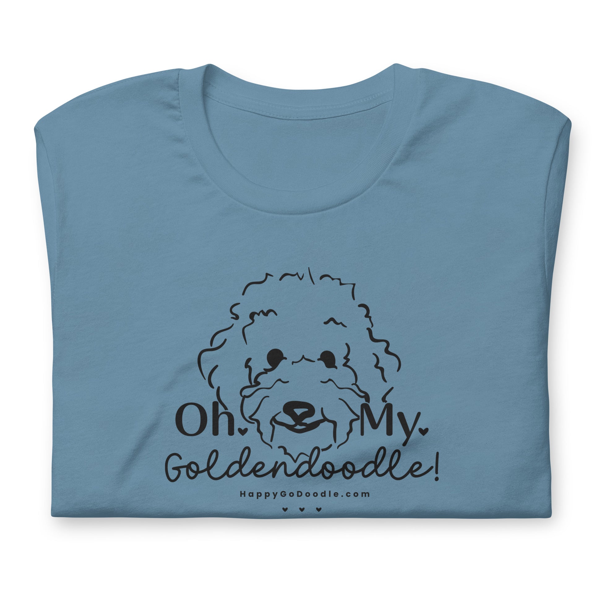 Goldendoodle t-shirt with Goldendoodle face and words "Oh My Goldendoodle" in steel blue color