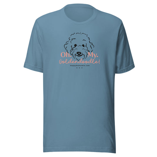 Goldendoodle t-shirt with Goldendoodle dog face and words "Oh My Goldendoodle" in steel blue color