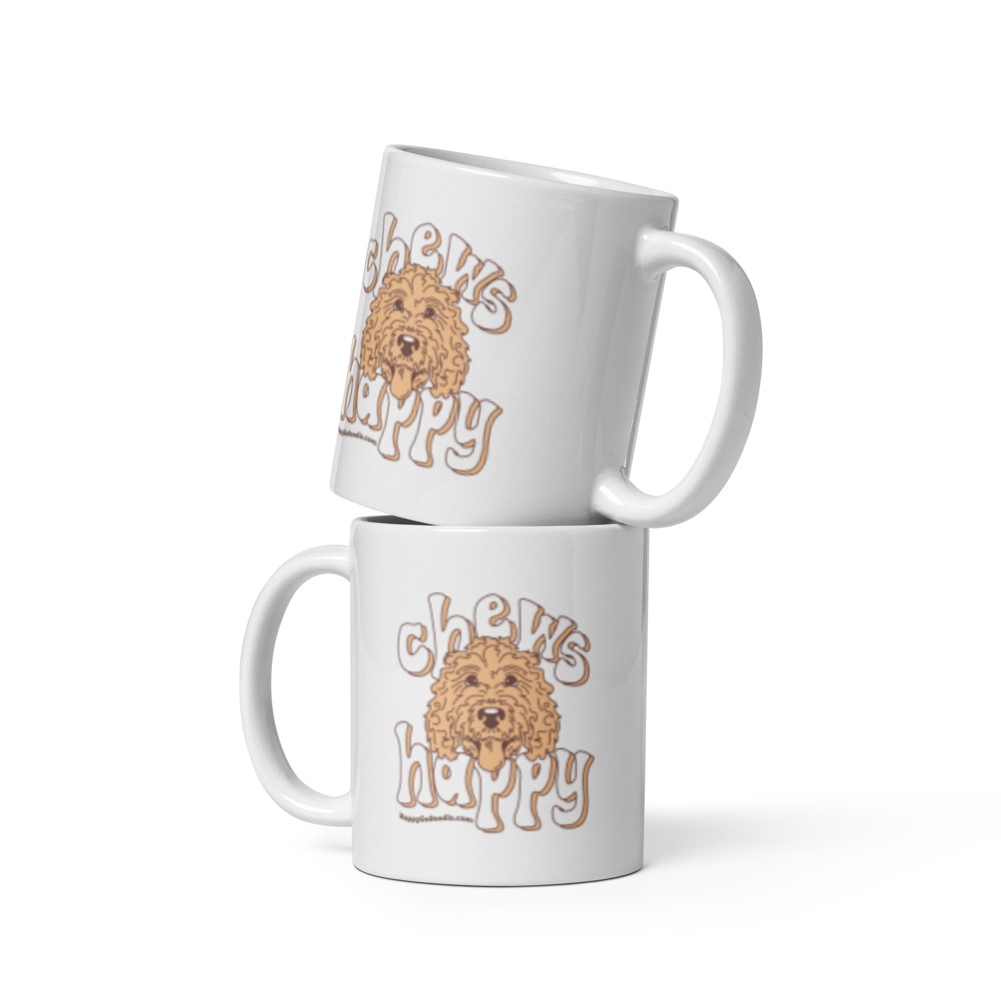 White ceramic coffee mug with Goldendoodle dogs face and words Chews Happy