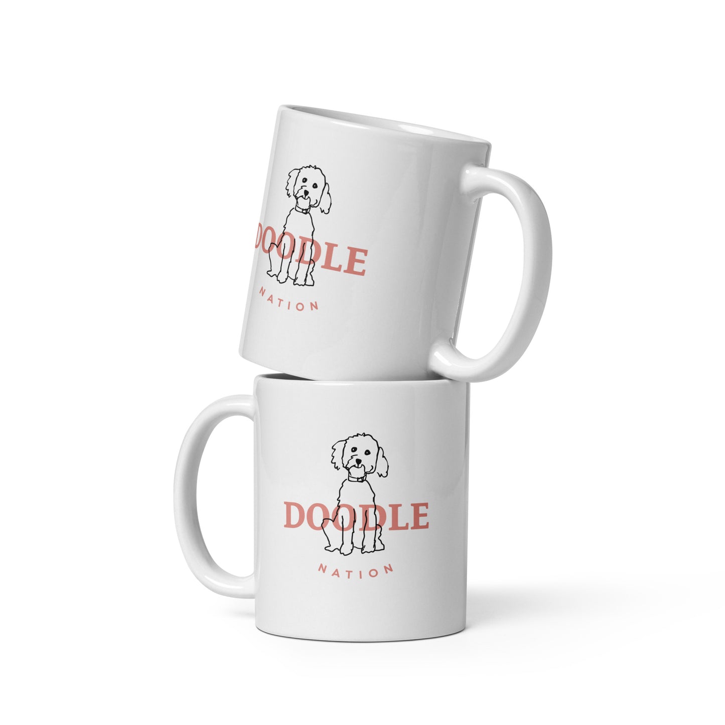 White ceramic coffee mug with cute doodle dog design and words Doodle Nation