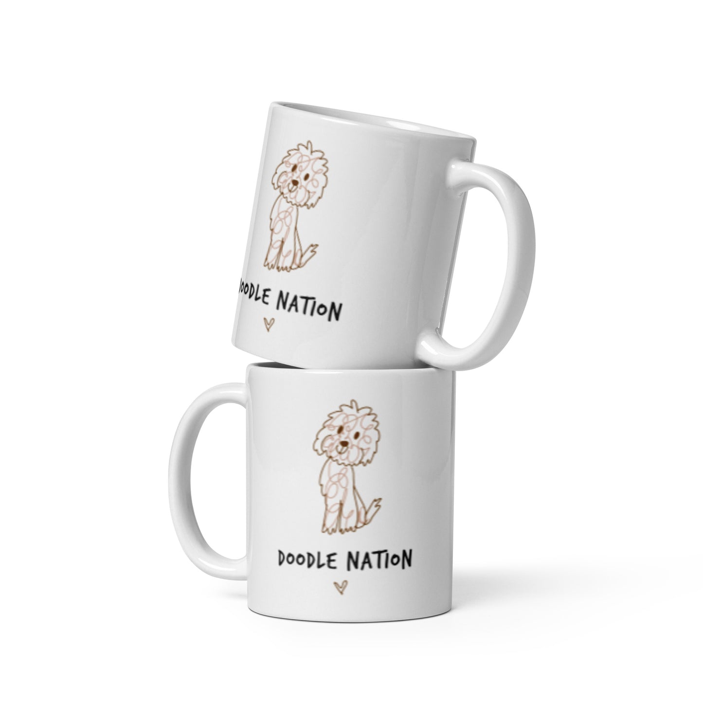 White ceramic coffee mug with cute doodle dog design and words Doodle Nation