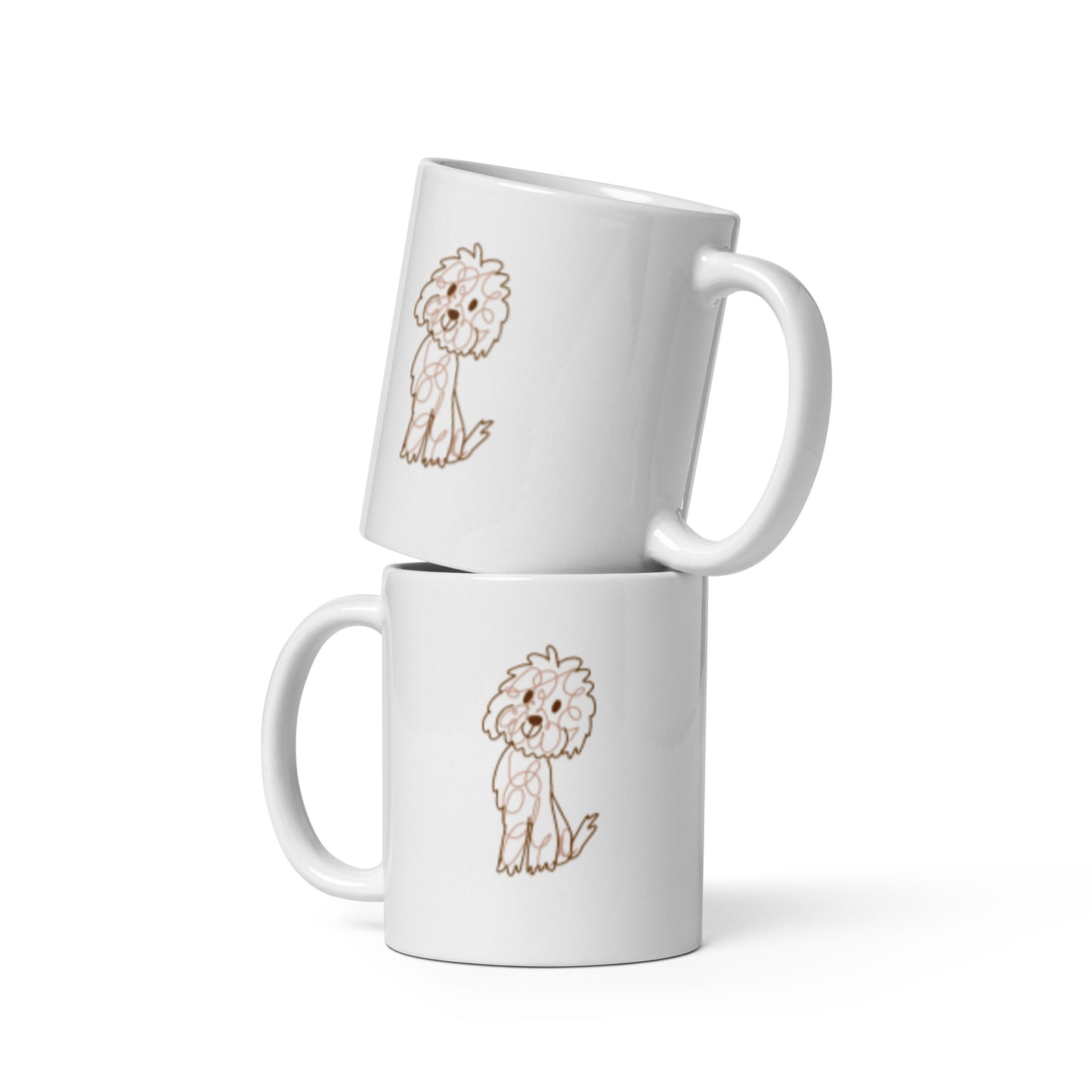 White ceramic coffee mug with cute doodle dog design