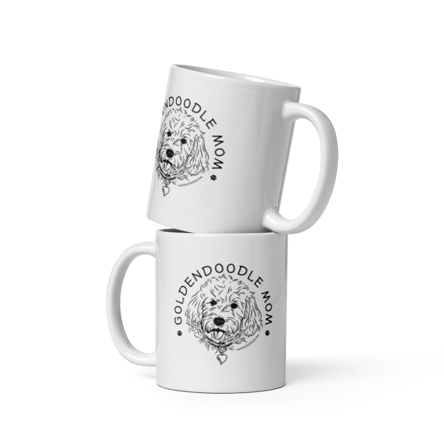 White ceramic coffee mug with a goldendoodle face and words goldendoodle mom