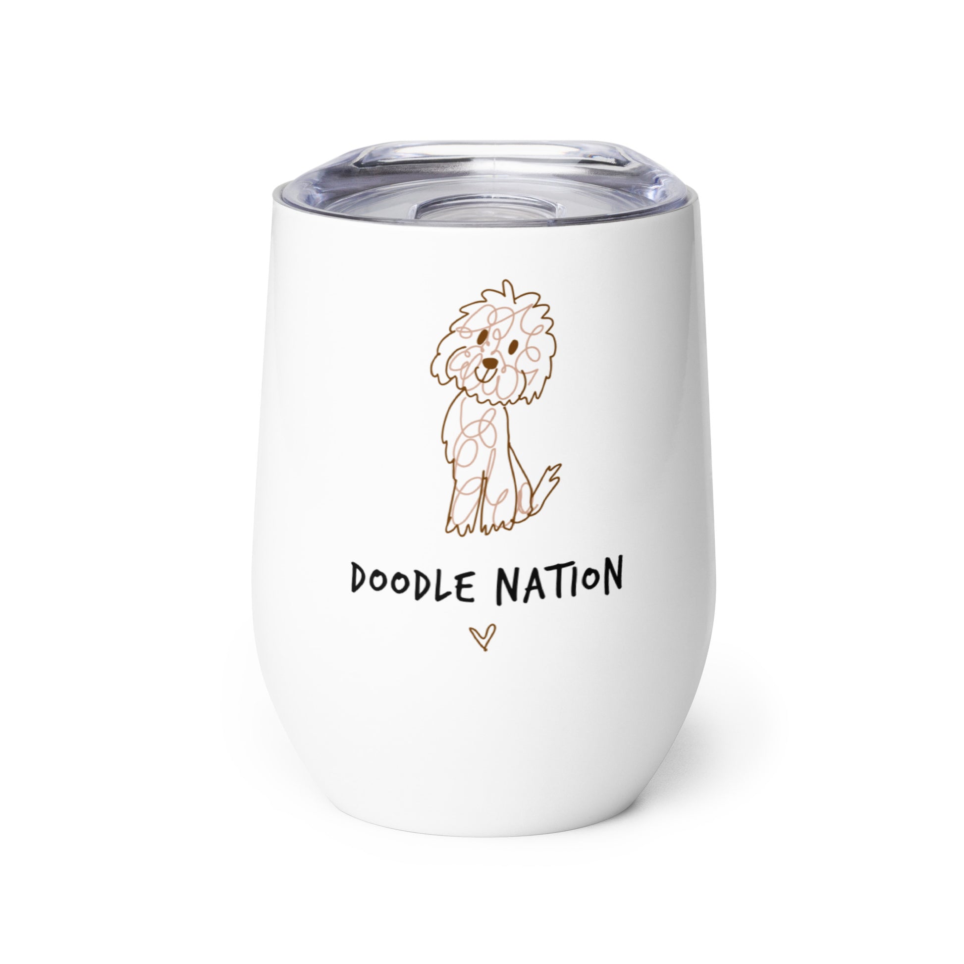 11 oz white wine tumbler with lid and dogs cute face and words doodle nation