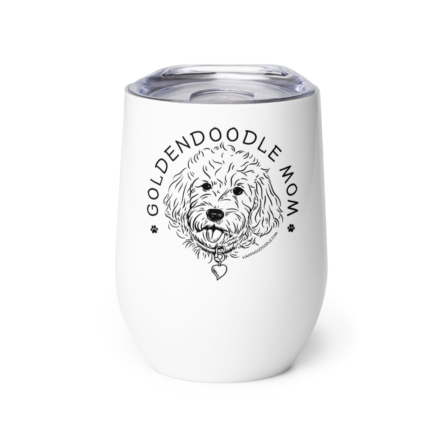 11 oz white wine tumbler with lid and dogs cute face and words goldendoodle mom